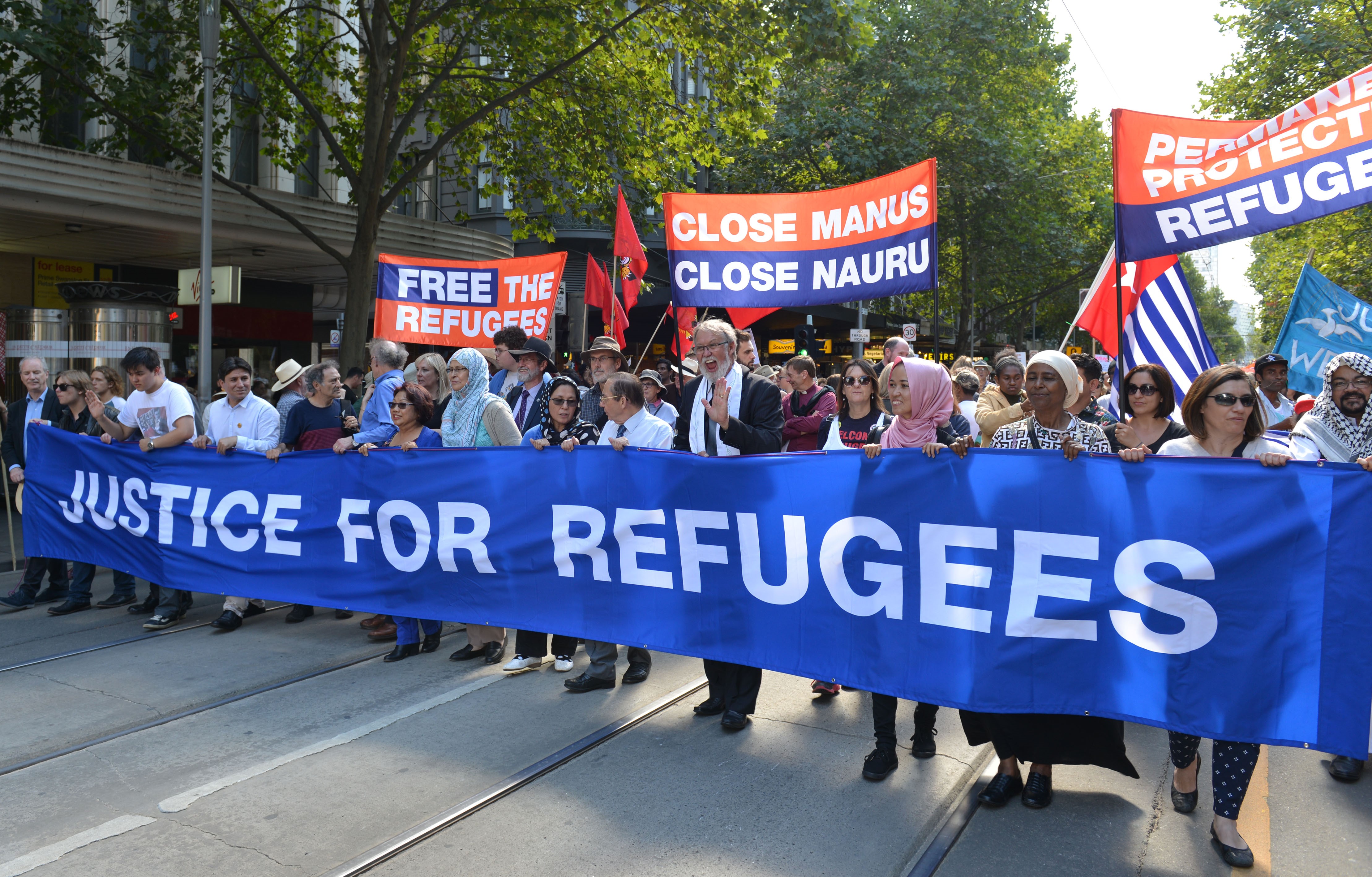 MELBOURNE, AUSTRALIA - MARCH 20:  Thousands of Australian have taken to the streets of Australia during a protest demanding that refugees not be send back to Nauru or Manus Island on March 20, 2016 in Melbourne, Australia.
 (Photo by Recep Sakar/Anadolu Agency/Getty Images)