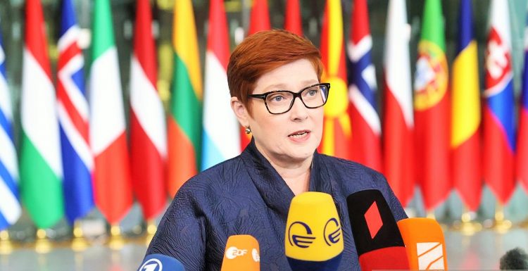 BRUSSELS, BELGIUM - APRIL 07: Australian Foreign Minister Marise Payne gives a press conference at the start of a meeting of NATO Foreign Ministers at NATO headquarters in Brussels, Belgium, 07 April 2022. NATO foreign ministers are meeting to discuss how to bolster their support to Ukraine, including by supplying weapons to the conflict-torn country, without being drawn into a wider conflict with Russia. (Photo by Dursun Aydemir/Anadolu Agency via Getty Images)