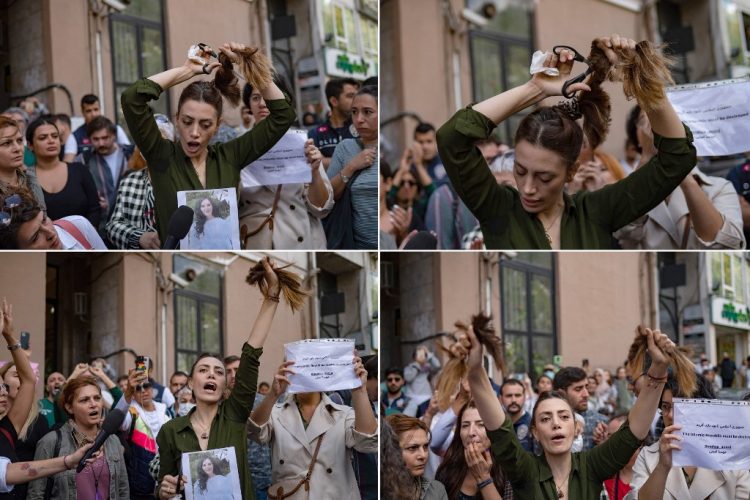 (COMBO) This combination of pictures created on September 21, 2022 shows from top left: Nasibe Samsaei, an Iranian woman living in Turkey, cutting off her ponytail during a protest outside the Iranian consulate in Istanbul on September 21, 2022, following the death of an Iranian woman after her arrest by the country's morality police in Tehran. - Mahsa Amini, 22, was on a visit with her family to the Iranian capital Tehran, when she was detained on September 13, 2022, by the police unit responsible for enforcing Iran's strict dress code for women, including the wearing of the headscarf in public. She was declared dead on September 16, 2022 by state television after having spent three days in a coma. (Photo by Yasin AKGUL / AFP)